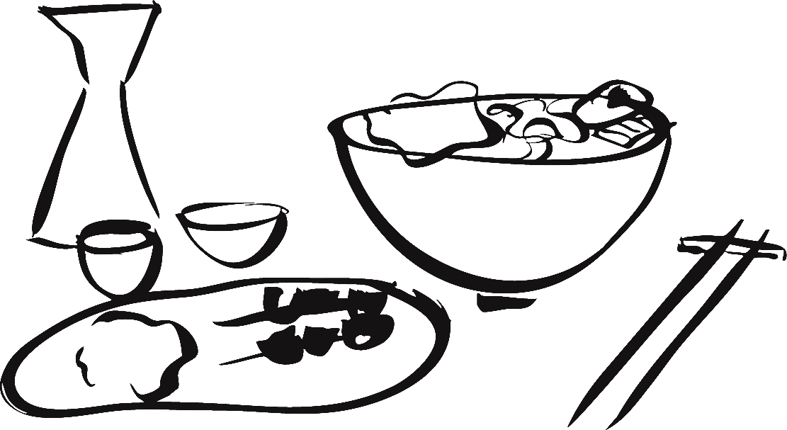 Dibujo a tinta de sake, ramen, brochetas y palillos